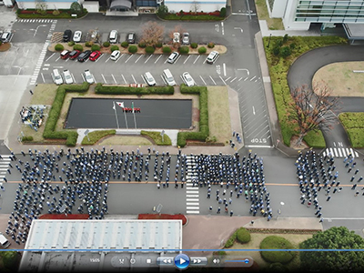 Evacuation drill with maintained social distance (aerial footage captured by a drone)