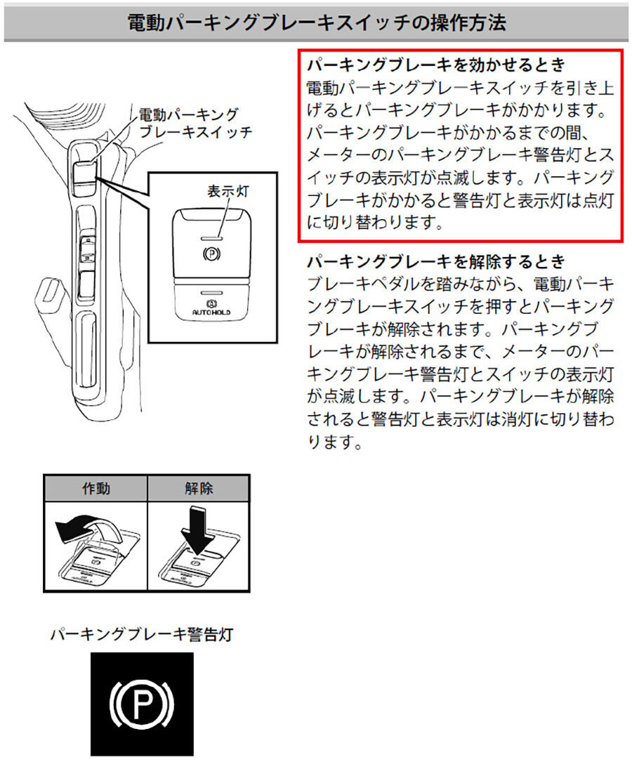 電動パーキングブレーキスイッチの操作方法