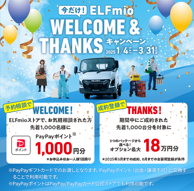 今だけ！ELFmio WELCOME & THANKSキャンペーン 2025/1/4（土）～3/31（月）